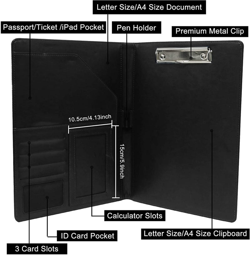 Black Portfolio Folder A4 Clipboard Folder Leather Conference Folder Portable File Folder Perfect for Legal Pad Papers Office Conference Use - Personal/Work Padfolio Organiser with calculate - Image 5