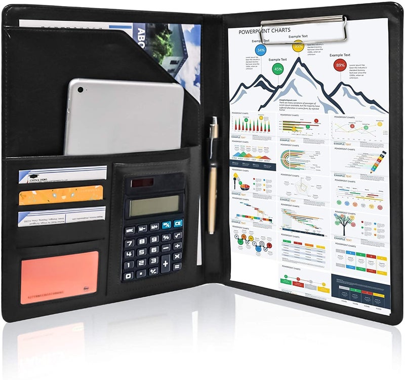 Black Portfolio Folder A4 Clipboard Folder Leather Conference Folder Portable File Folder Perfect for Legal Pad Papers Office Conference Use - Personal/Work Padfolio Organiser with calculate - Image 1