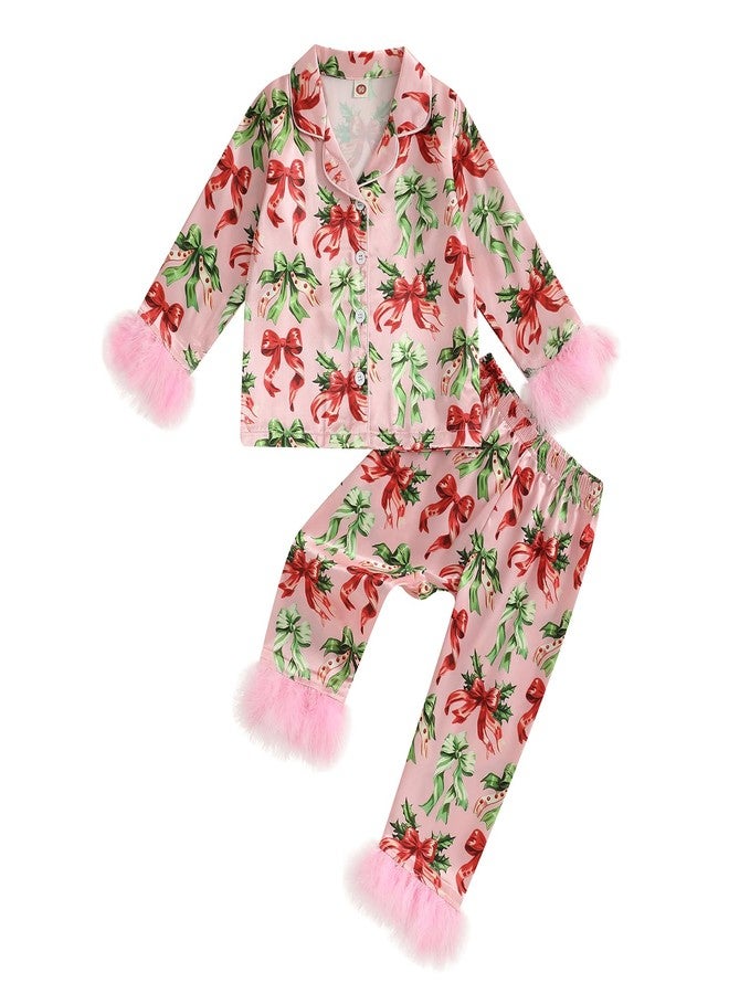 fyclemt Kids Toddler Boy Girl Silk Pajamas Set Christmas Tree Santa Fuzzy Trim Long Sleeve Button Down Shirt Pants Fall Pjs Sleepwear (Pink, 18-24 Months) - Image 1