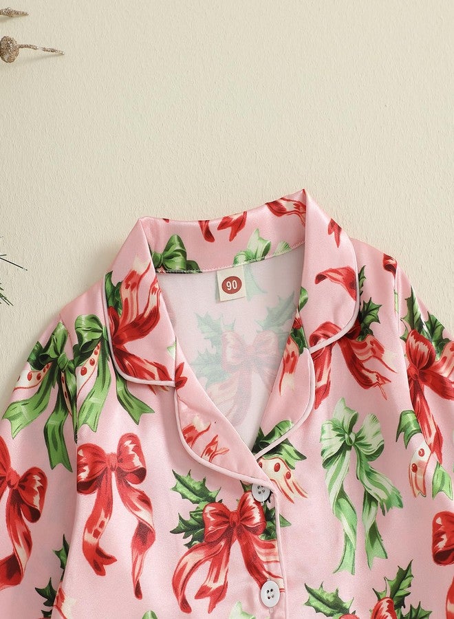 fyclemt Kids Toddler Boy Girl Silk Pajamas Set Christmas Tree Santa Fuzzy Trim Long Sleeve Button Down Shirt Pants Fall Pjs Sleepwear (Pink, 18-24 Months) - Image 4