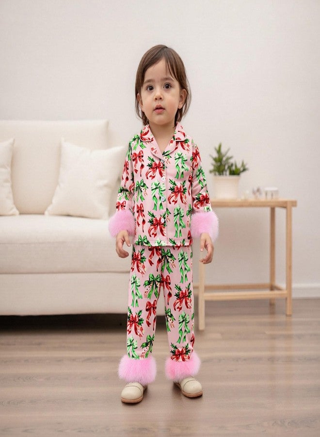 fyclemt Kids Toddler Boy Girl Silk Pajamas Set Christmas Tree Santa Fuzzy Trim Long Sleeve Button Down Shirt Pants Fall Pjs Sleepwear (Pink, 18-24 Months) - Image 3