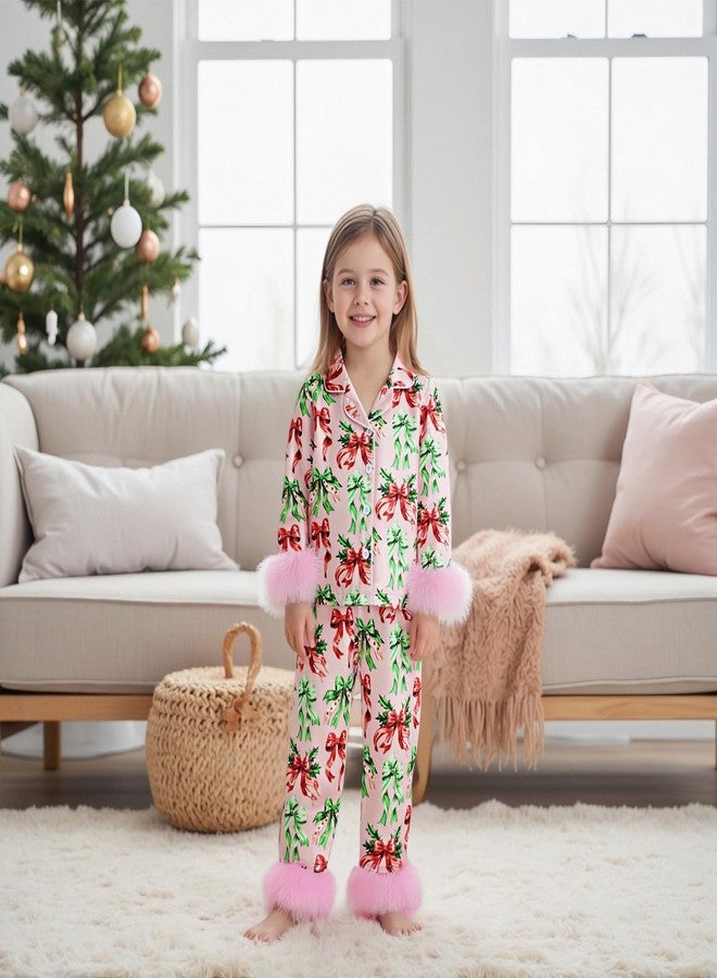 fyclemt Kids Toddler Boy Girl Silk Pajamas Set Christmas Tree Santa Fuzzy Trim Long Sleeve Button Down Shirt Pants Fall Pjs Sleepwear (Pink, 18-24 Months) - Image 2