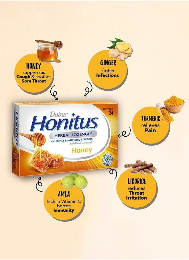 Dabur - Dabur Honitus Herbal Lozenges | Effective Relief from Cough, Strep Infection & Sore Throat Pain | Honey Flavor - 24s - Image 1