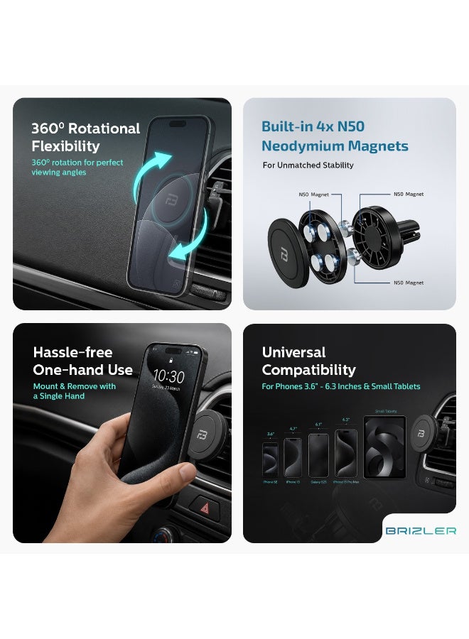 BRIZLER Magnetic Car Air Vent Mount | Neodymium Magnets, 360° Rotation Ball Joint, One-Hand Operation Phone Holder For iPhone, Samsung – Black - Image 2