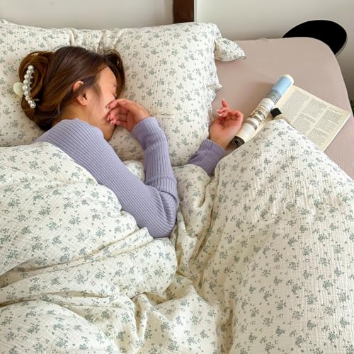 AOJIM Muslin Cotton Kids Duvet Cover 1 Piece for Girls and Boys - Super Soft Floral Print Comforter Cover Twin Size - Breathable Ruffled Edge Bedding Duvet Cover 2-Layer Gauze, No Quilt or Pillowcases - Image 4