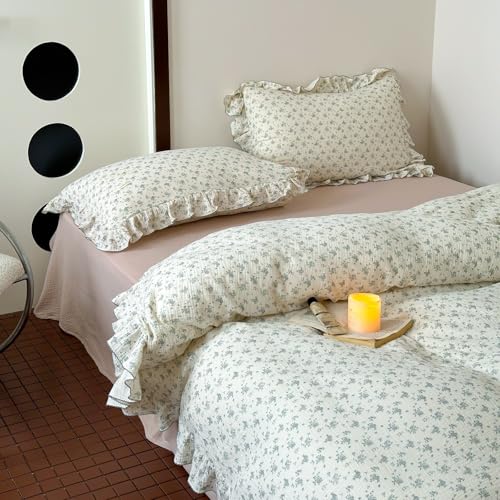 AOJIM Muslin Cotton Kids Duvet Cover 1 Piece for Girls and Boys - Super Soft Floral Print Comforter Cover Twin Size - Breathable Ruffled Edge Bedding Duvet Cover 2-Layer Gauze, No Quilt or Pillowcases - Image 3