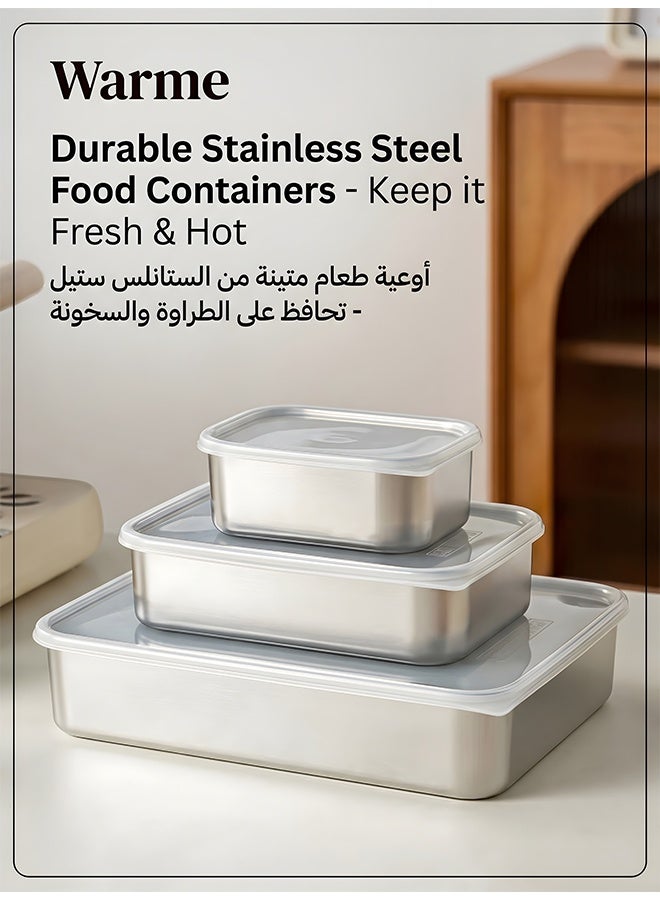 Warme 3Pcs Stainless Steel Containers Set Food Storage Containers 304 Lunch Box for Kitchen Meal Prep Freezer Fridge Oven Reusable and Stackable Leak Proof Metal Lunch Bento Box Set - Image 1