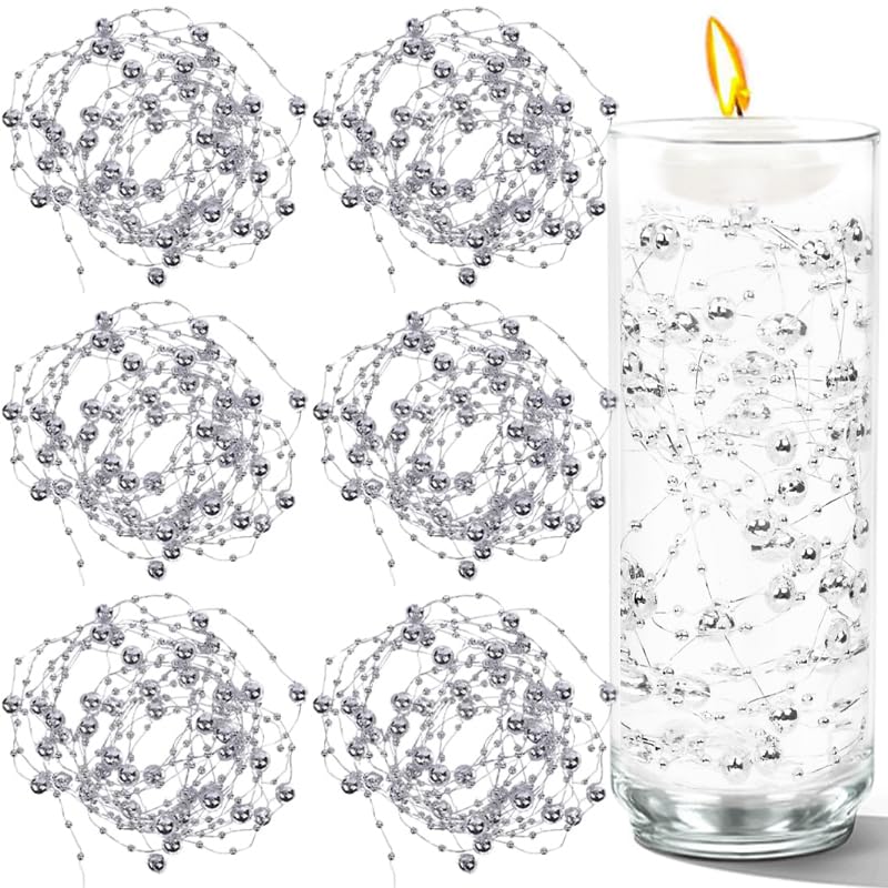 Cusmation 50 PCS Artificial Floating Beads for Centerpieces Vases, Silver 8+3mm String Beads for Wedding Party Faux Pearl String for Decorating, String Pearls for Crafts Vase Filler - Image 1