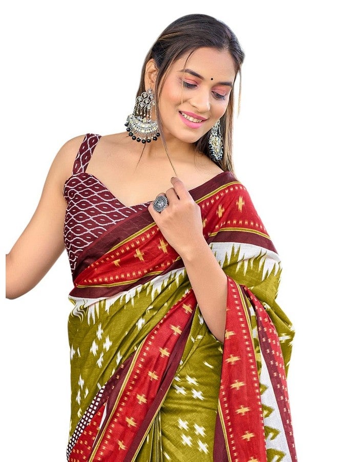 RADHA LAKSHMI ساري RADHA LAKSHMI النسائي متعدد الألوان من قطن ململ الناعم مع قطعة بلوزة غير مخيطة مطبوعة (أحمر مهدى) - Image 1