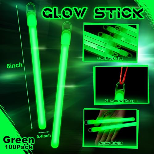Lewtemi 100 Pack 4 or 6 Bright Glow Sticks Bulk Glow in the Dark Party Supplies Birthday and Holidays 6 InchGreen - Image 5