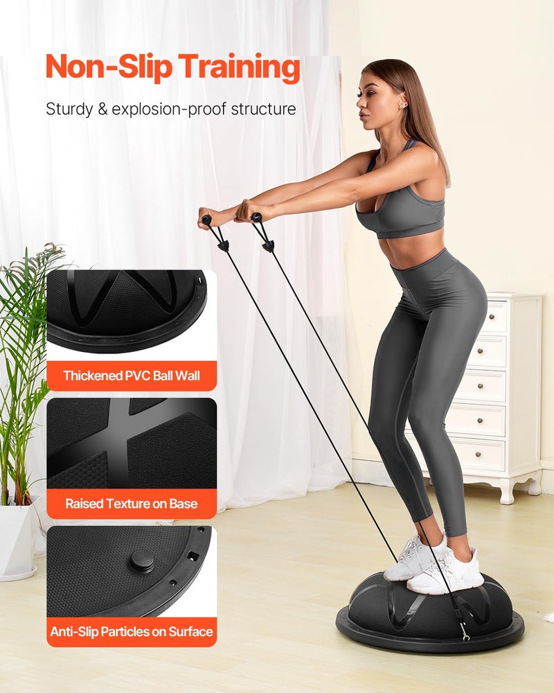 VEVOR 23-inch Half Exercise Ball Trainer, 660 lbs Capacity Balance Ball, Includes Resistance Bands and Pump, Ideal for Full Body Workouts, Yoga, and Strength Training at Home Gym, Black - Image 4