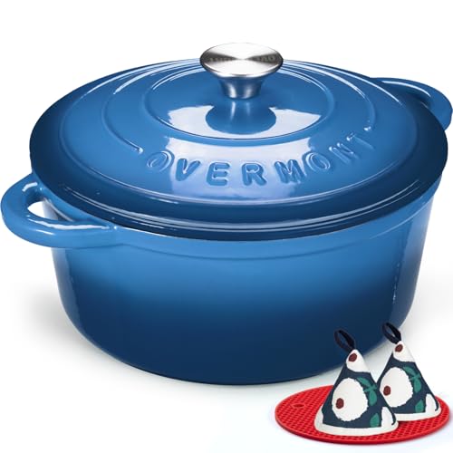 Overmont Enameled Cast Iron Dutch Oven - 7QT Pot with Lid Cookbook & Cotton Potholders - Heavy-Duty Cookware for Braising, Stews, Roasting, Bread Baking blue - Image 1