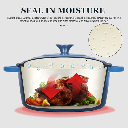 Overmont Enameled Cast Iron Dutch Oven - 7QT Pot with Lid Cookbook & Cotton Potholders - Heavy-Duty Cookware for Braising, Stews, Roasting, Bread Baking blue - Image 2