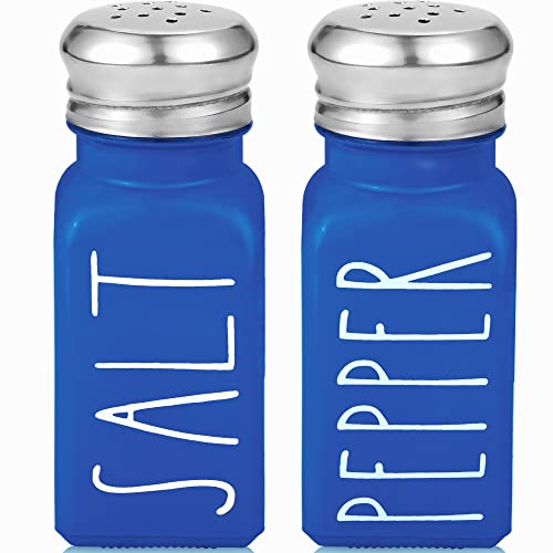 Blue Salt and Pepper Shakers Set by Brighter Barns  Cute Glass Shakers with Stainless Steel Lids  Modern Farmhouse Kitchen Decor and Accessories for Home Restaurants Hotel Vacation Rental Blue