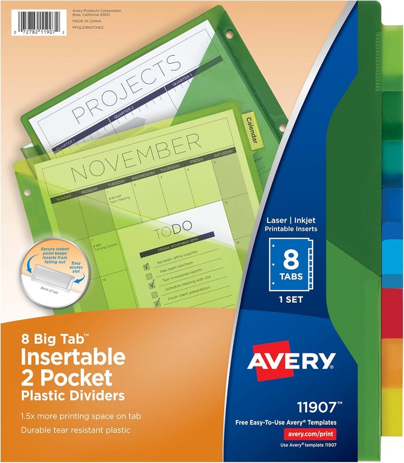 AVERY Dividers for 3 Ring Binders, 8 Tab Binder Dividers, Two-Pocket Plastic Binder Dividers, Insertable Big Tabs, Multicolor, Works with Sheet Protectors, 1 Set (11907) - Image 1