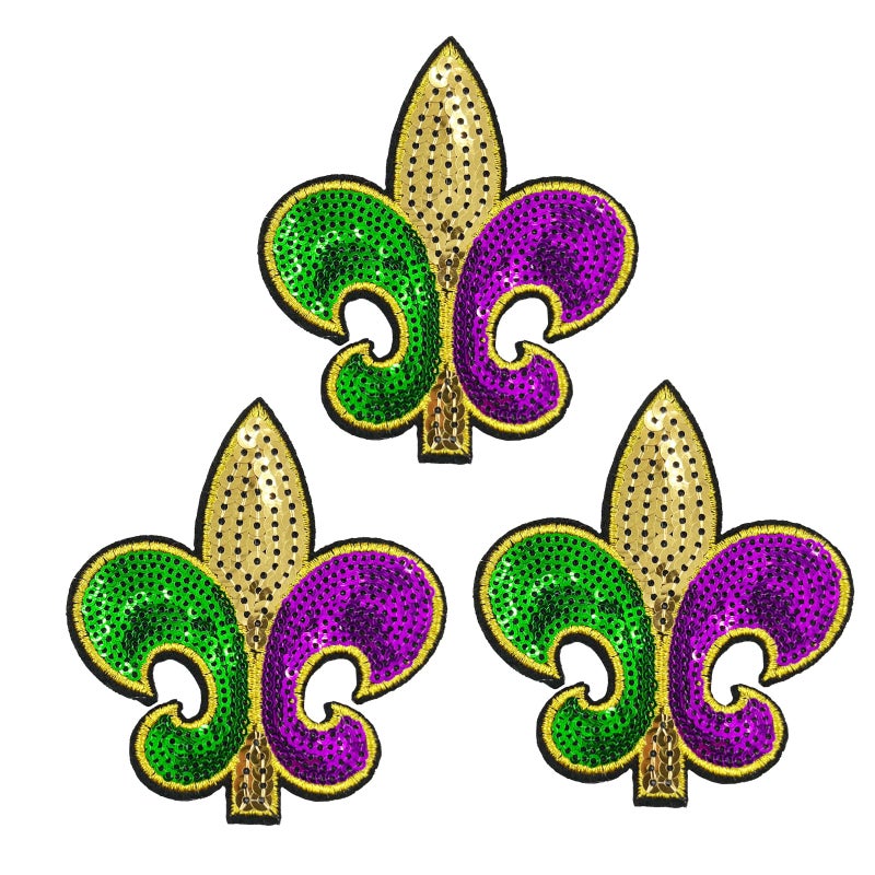 Stitch-Witch 3 Pieces Pack Mardi Gras Fleur De Lis Sequins Iron-On Patches Appliques - Image 1