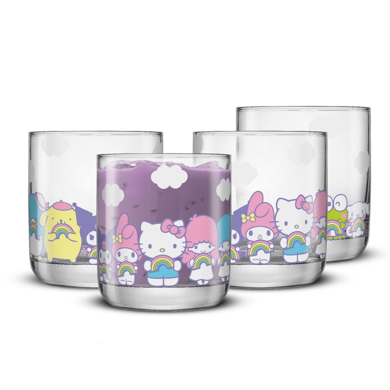 مجموعة أكواب شرب قصيرة من JoyJolt Hello Kitty Friends قوس قزح 4 أكواب سعة 10 أونصات مزينة بشخصيات سانريو مثل Cinnamoroll و Kuromi و My Melody والمزيد من أكواب Hello Kitty الكيوت