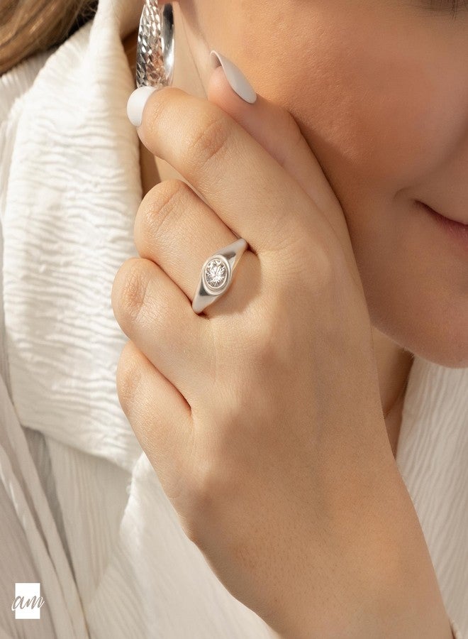 Amberta Solid 925 Sterling Silver Signet Ring for Women | Pinky Ring for Women | Silver Stackable Rings | Silver Ring for Women: Size N Cubic Zirconia Signet Ring - Image 2