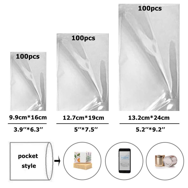 CNYMANY 300 pcs Heat Shrink Wrap Bags, CNYMANY 3.9x6.3 5x7.5 5.2x9.2 inch 3 Sizes Clear Odorless Heat Shrink Film Wrap for Homemade DIY Project Packaging Soap Candle Jar Bath Bomb Gift - Image 2