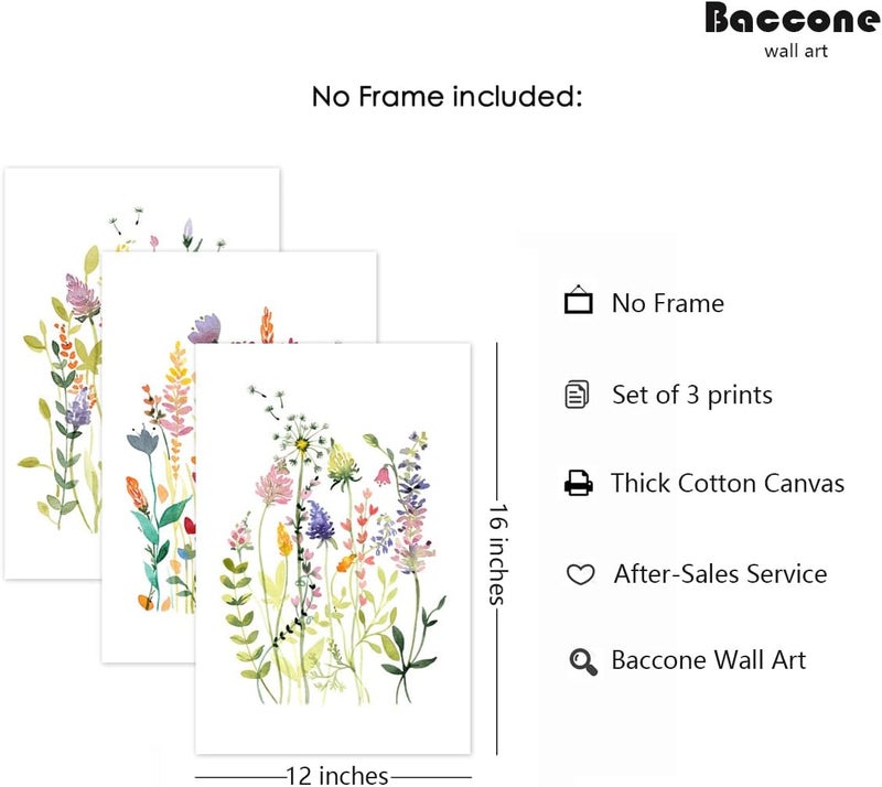 Baccone Colorful Wildflower Wall Art Set of 3 Botanical Wall Art Watercolor Flower Canvas Wall Art Floral Prints Flower Pictures Wall Decor Floral Painting for Living Room Bedroom Decor 12x16 Inch UNFRAMED - Image 2