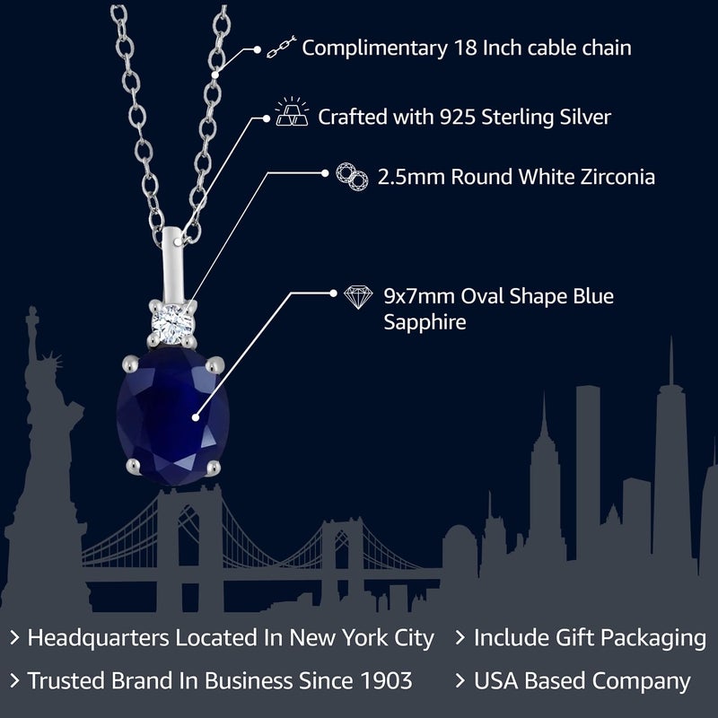 Gem Stone King 2.55 Cttw Blue Sapphire Necklace For Women | 925 Sterling Silver | Gemstone Birthstone | Oval 9X7MM Pendant Necklace | With 18 Inch Silver Chain - Image 2