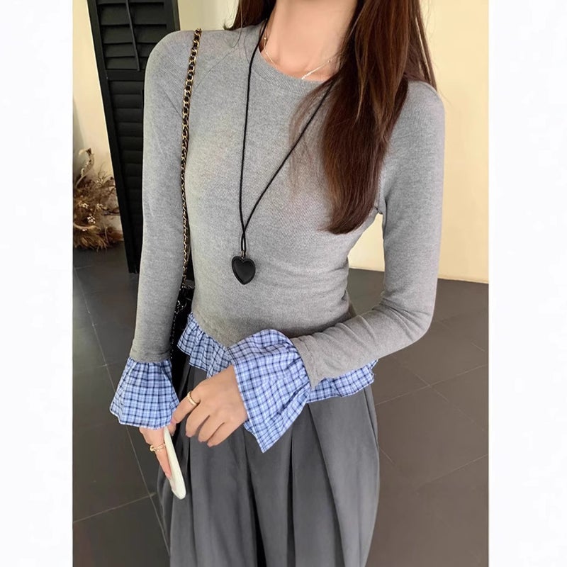 Cross-border Fake Two-piece Plaid Stitching Long-sleeved T-shirt Womens 2024 Autumn New Design Sense Slim-fit Slimming Base Shirt Gray