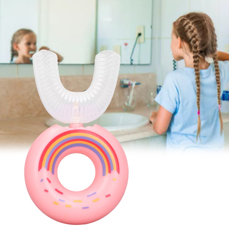 فرشاة أسنان أطفال على شكل حرف يو رائعة بالتصميم الكرتوني للرضع والأطفال، محمولة للمنزل والسفر، رأسها من السيكون، لتنظيف الأسنان - وردي - Image 2