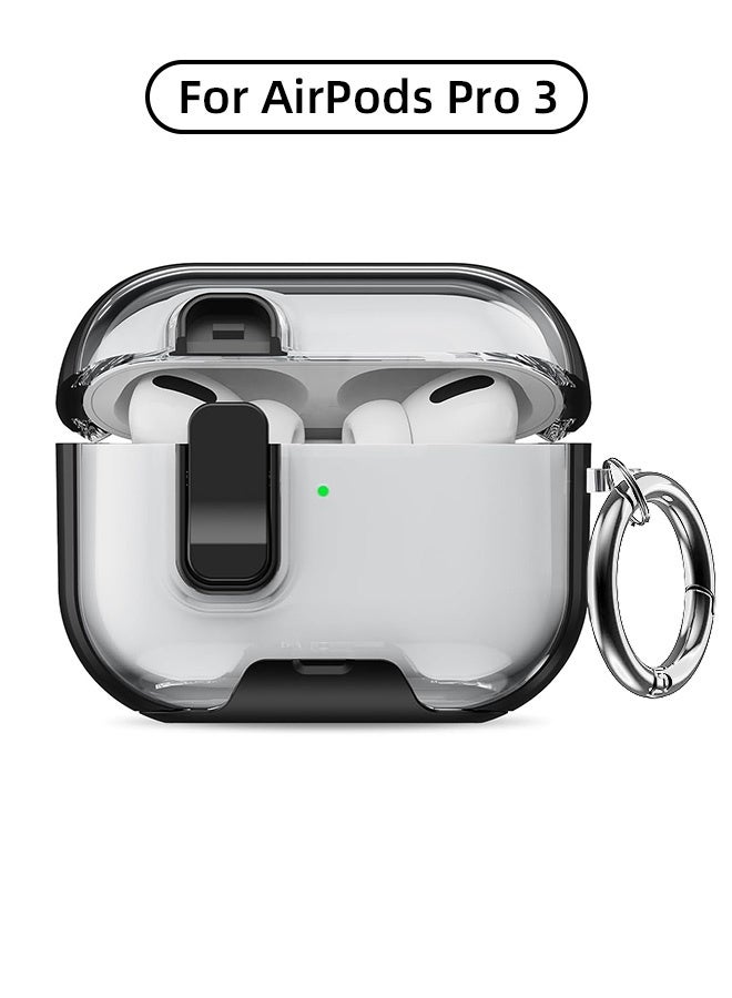جراب سماعات AirPods Pro 3 (2025) شفاف بقفل، يغطي السماعات بالكامل، [حماية شاملة] [شحن لاسلكي وسلكي] [قفل أمان ضد السقوط] [تصميم حامل متعدد الاستخدامات] غطاء حماية من السقوط مع سلسلة مفاتيح مضادة للضياع لسماعات AirPods Pro 3، أسود - Image 1