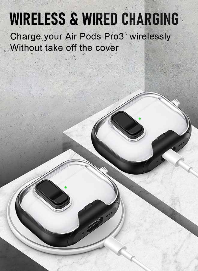 جراب سماعات AirPods Pro 3 (2025) شفاف بقفل، يغطي السماعات بالكامل، [حماية شاملة] [شحن لاسلكي وسلكي] [قفل أمان ضد السقوط] [تصميم حامل متعدد الاستخدامات] غطاء حماية من السقوط مع سلسلة مفاتيح مضادة للضياع لسماعات AirPods Pro 3، أسود - Image 3