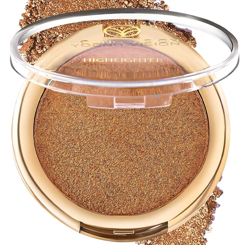 YOUNG VISION Pressed Powder Highlighter, Baked Natural Glow Contour Powder & Face Highlighter, Cruelty Free, Shimmer Highlighting Makeup for Face, Eye, Eyeshadow, Body, Skin, Xmas Gift (Brown) - Image 1
