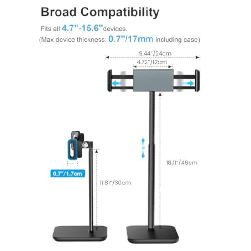 Height Adjustable Tablet Stand, 3.5lb 1.6kg Max Support, Up to 18" Tall, Slim Portable Monitors Stand Compatible with iPad Pro 12.9, Surface Pro, All 4.7"-15.6" Devices - Black - Image 3