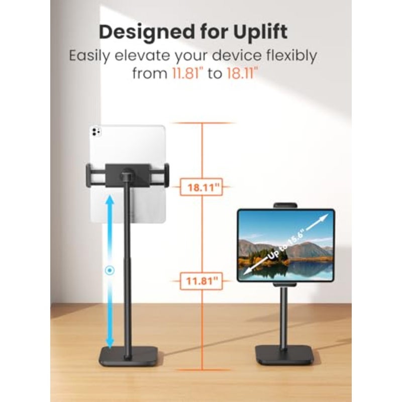 Height Adjustable Tablet Stand, 3.5lb 1.6kg Max Support, Up to 18" Tall, Slim Portable Monitors Stand Compatible with iPad Pro 12.9, Surface Pro, All 4.7"-15.6" Devices - Black - Image 4