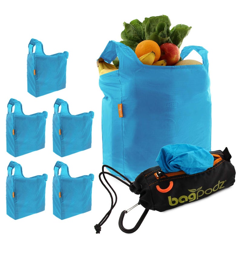 bagpodz Sturdy Reusable Grocery Bags Foldable and Washable - Made From RipStop Nylon Hold 50lbs - Designed in USA Reusable Shopping Bags Inside a Compact Pod with Carry Clip - 5 Pack in Blue - Image 1