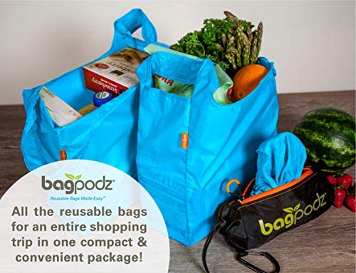 bagpodz Sturdy Reusable Grocery Bags Foldable and Washable - Made From RipStop Nylon Hold 50lbs - Designed in USA Reusable Shopping Bags Inside a Compact Pod with Carry Clip - 5 Pack in Blue - Image 4