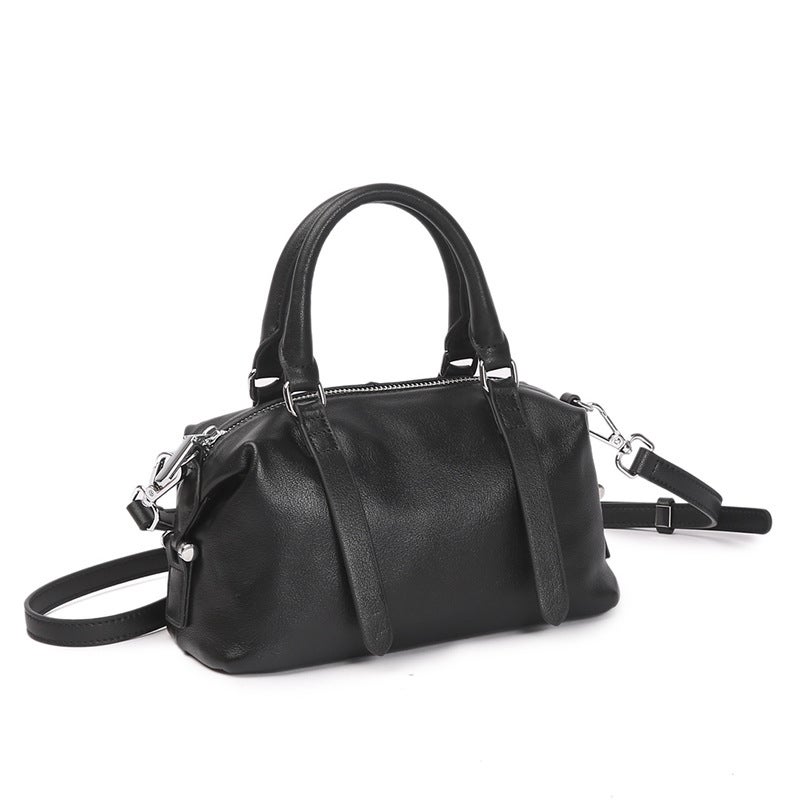 Womens Vintage Single Shoulder Boston Bag Full Leather Crossbody Bag Commute To Work Handbag Genuine Cow Leather Top Layer Black 