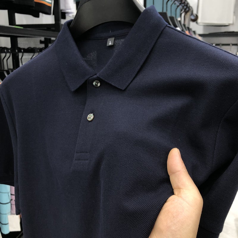 Summer High-grade Mens Polo Shirt Short-sleeved T-shirt Mens Pure Cotton Lapel Casual High-end Sense Work Clothes Customized Clothes 23395-navy blue (short sleeve) 
