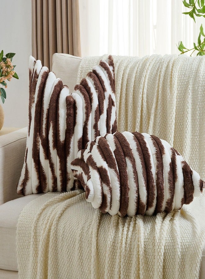 FUTEI Dark Coffee Decorative Throw Pillow Covers 18x18 Inch Set of 2, Soft Tie-Dye Faux Rabbit Fur Striped Texture Cushion Case, Modern Home Decor for Couch Bed Living Room - Image 4
