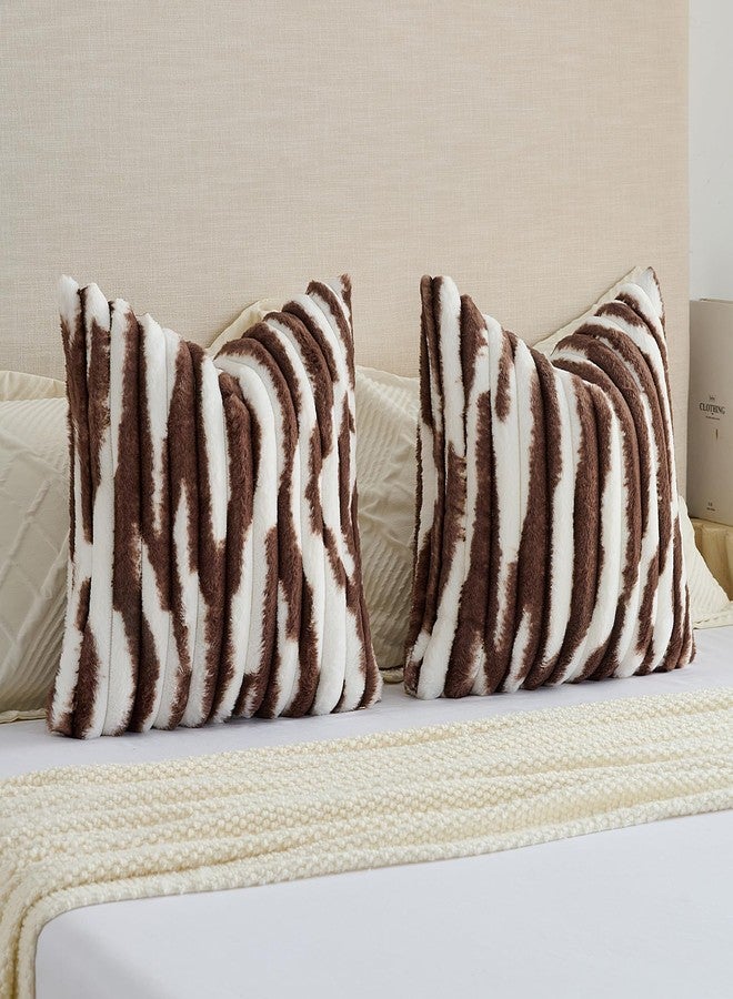 FUTEI Dark Coffee Decorative Throw Pillow Covers 18x18 Inch Set of 2, Soft Tie-Dye Faux Rabbit Fur Striped Texture Cushion Case, Modern Home Decor for Couch Bed Living Room - Image 5