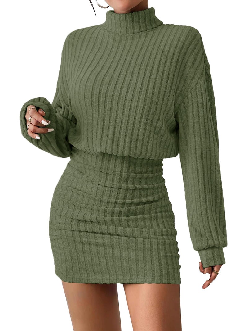 AUXDIO Women's Mock Neck Sweater Dress Fall Long Lantern Sleeve Bodycon 2026 Pullover Mini Short Dresses Army Green M - Image 1