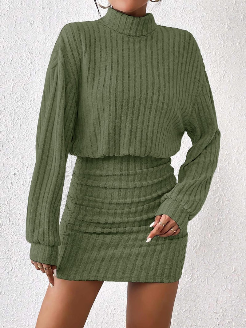 AUXDIO Women's Mock Neck Sweater Dress Fall Long Lantern Sleeve Bodycon 2026 Pullover Mini Short Dresses Army Green M - Image 2