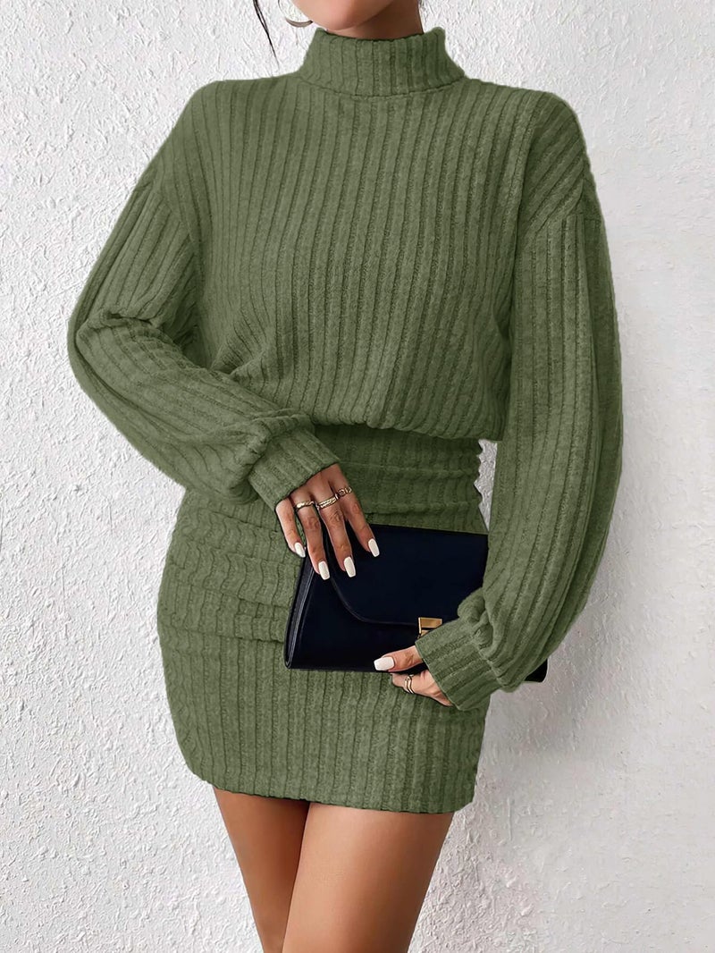 AUXDIO Women's Mock Neck Sweater Dress Fall Long Lantern Sleeve Bodycon 2026 Pullover Mini Short Dresses Army Green M - Image 4