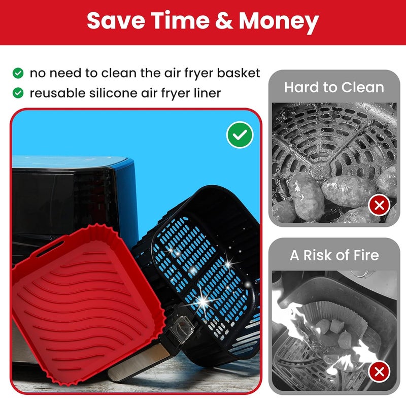 Redfly بطانات قلاية الهواء السيليكون 7.8 بوصة، 2 قطعة بطانة قلاية هواء مربعة قابلة لإعادة الاستخدام 4-6 QT، بديل لورق البرشمان القابل للاشتعال، بطانات سيليكون لقلاية الهواء، ملحقات قلاية الهواء فرن أحمر ورمادي - Image 5