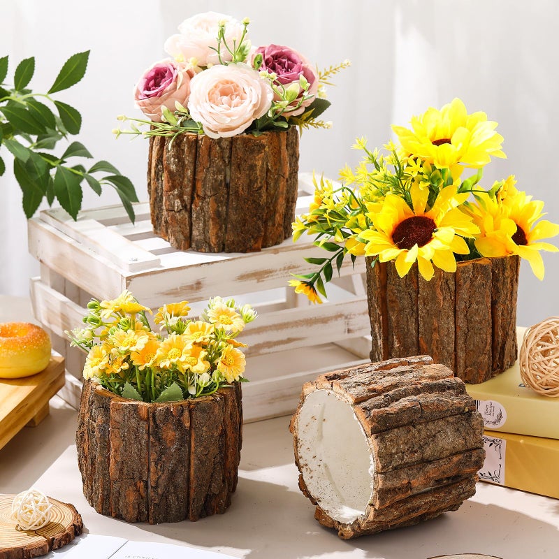 RimCereal 6 Pcs Wooden Vase for Centerpieces Wedding Flower Table Centerpieces Woodland Party Decor Rustic Farmhouse Bark Stump Buckets Vintage Planter Pots for Garden Baby Shower Window Home (Large) - Image 2