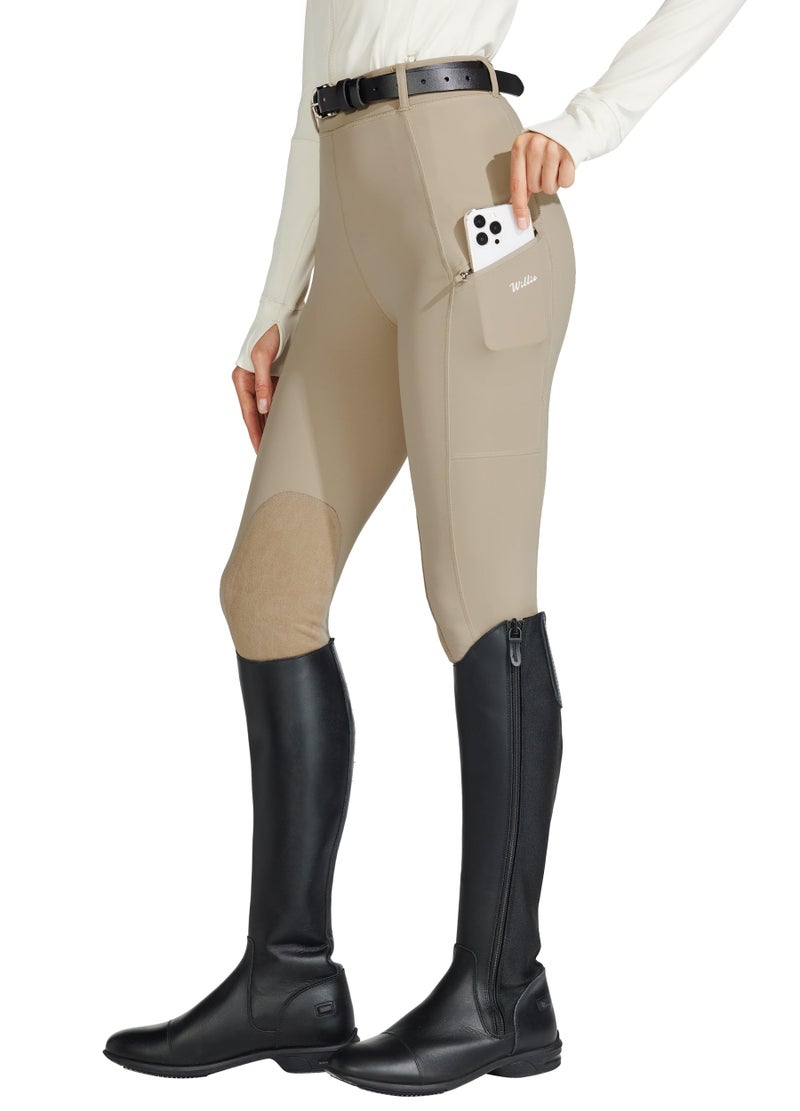 Willit Women's Horse Riding Pants Knee-Patch Equestrian Breeches Horseback Schooling Tights Zipper Pockets Khaki L - Image 1