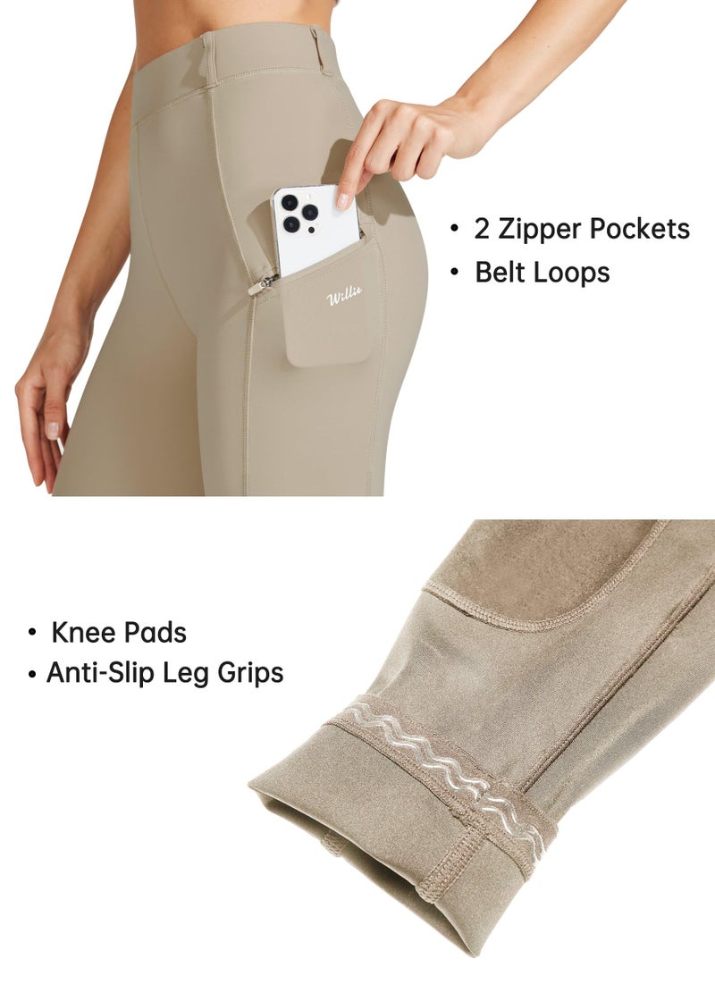 Willit Women's Horse Riding Pants Knee-Patch Equestrian Breeches Horseback Schooling Tights Zipper Pockets Khaki L - Image 4