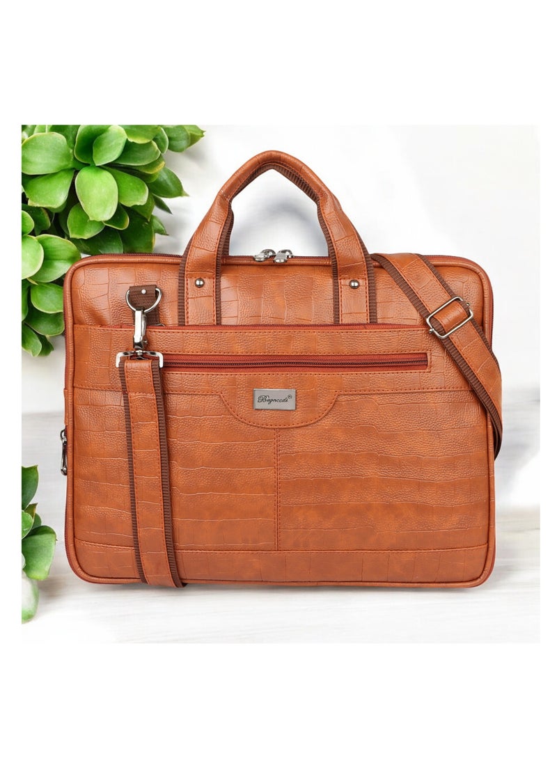 Bagneeds - Croco PU Leather Laptop Messenger Bag for Men and Women), TAN (B978) - Image 1