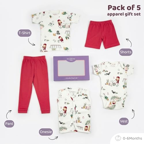 haus & kinder Haus And Kinder Baby Clothes Set For 0-6 Months - Pack Of 5 | 5-piece Newborn Outfit With Onesie, T-shirt, Pants, Shorts, Vest ? Soft Jersey Cotton Infant Apparel | Scarlet Print For Boys & Girls - Image 4