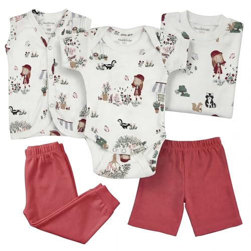 haus & kinder Haus And Kinder Baby Clothes Set For 0-6 Months - Pack Of 5 | 5-piece Newborn Outfit With Onesie, T-shirt, Pants, Shorts, Vest ? Soft Jersey Cotton Infant Apparel | Scarlet Print For Boys & Girls - Image 2