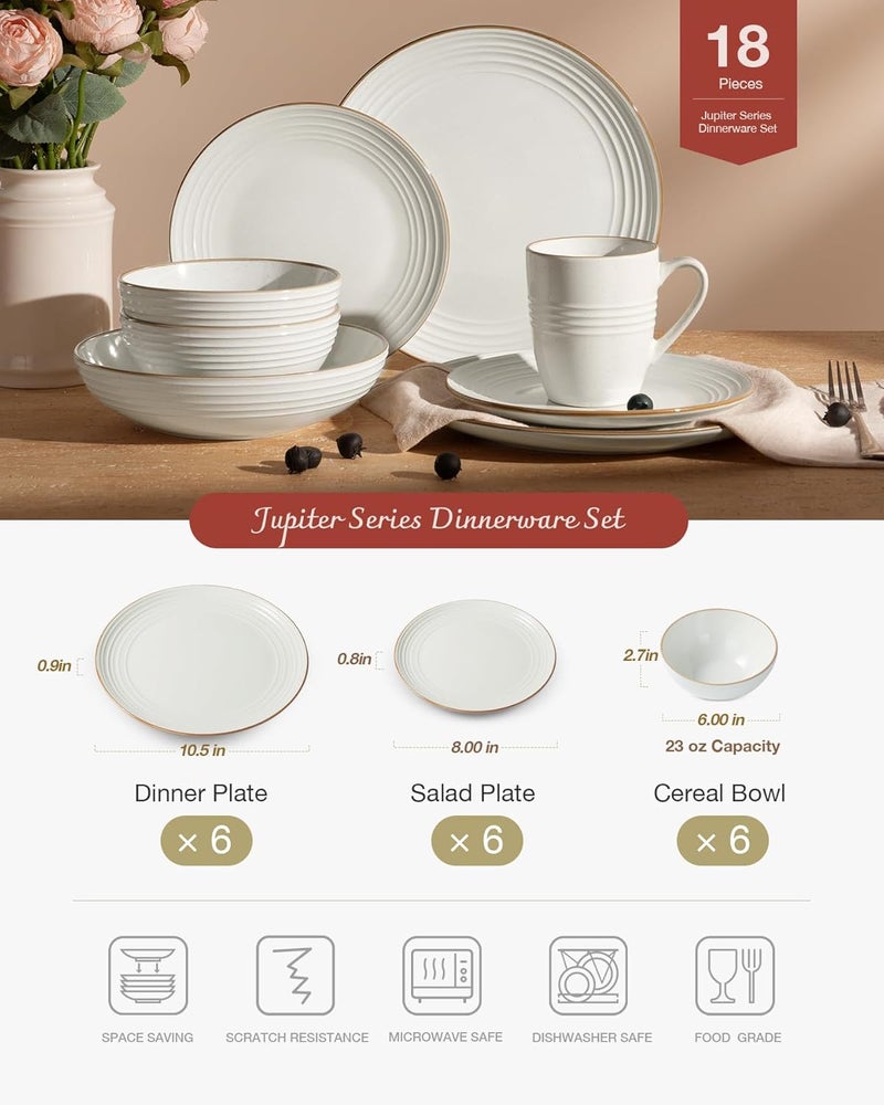 Famiware Jupiter Dinnerware Set Plates and Bowls Dish Sets for 6 18 Pieces Microwave and Dishwasher Safe Stoneware Tableware Chip and Scratch Resistant White - Image 2