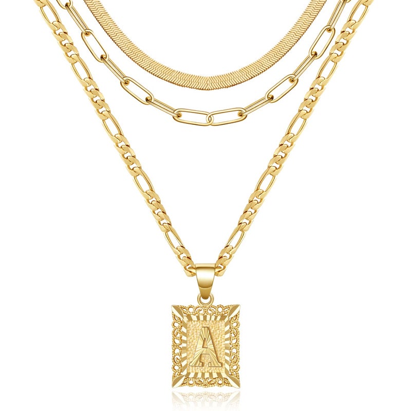 KissYan Gold Layered Initial Necklace Set for Womens, 14K Gold Plated Letter A Pendant Necklaces Paperclip Snake Choker Alphabets from A-Z Figaro Chain Jewellery Gift - Image 1